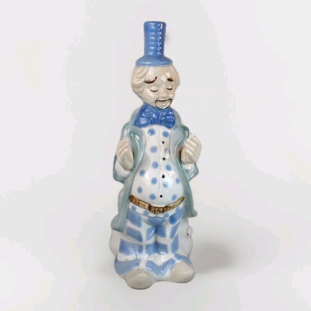 Vintage Porcelain Blue Classic Clown Circus Figurine Hand Painted Statue 10"